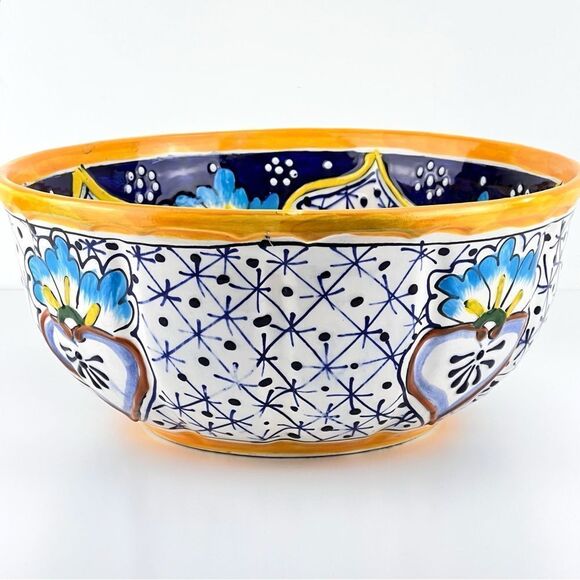 Large Serving Bowl Handpainted Ceramic Made In Mexico Rosario Pattern - Picture 3 of 9